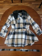 ZEAGOO Women's Plaid Wool Blend Coat Faux Fur Collar Peplum Belted Size M NWT picture