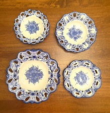 Vintage Vestal Alcobaca Portugal Blue White Reticulated Wall Plates Set of 4 picture