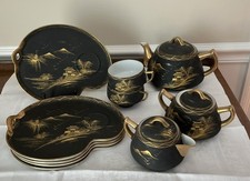 Vtg. MCM 40’s Kutani Japan Porcelain Black w/Gold Gilding Set Of 13 GORGEOUS picture