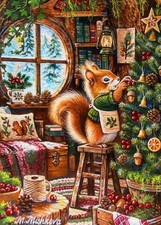 Original ACEO painting Christmas Squirrel Cozy Woodland by Manuela MISHKOVA picture