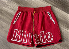 RHUDE Red Nylon Cargo Shorts XL Solid Logo Drawstring Elastic Waist picture