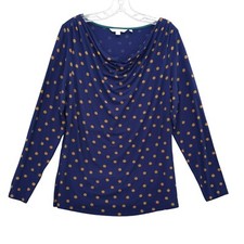 Boden Cowl Neck Top Polka Dot Long Sleeve Casual Blouse Blue Gold US 14 picture