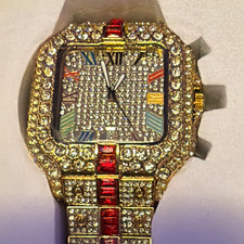 Iced Out Square Gold-Tone Gem-Set Quartz Roman Date Bracelet Watch w/ Box picture