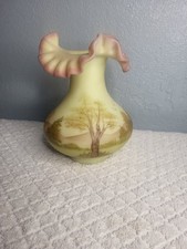 Vintage Hand Painted Fenton Burmese Ruffled Top Vase. picture