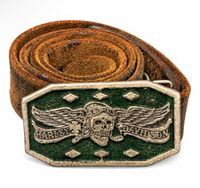 Vintage 1975 Harley-Davidson Winged Skull & Wings Belt Buckle w/ Leather Belt picture