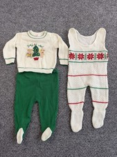 Vintage Baby Christmas Outfit Lot 3-6M Romper 6-9M Sweater Pants Made Japan picture