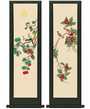 Vintage Chinese Lin Sheng Signed Silk Scroll Paintings Pair Birds Fruit 40” picture