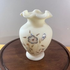 Vtg Fenton Custard Satin Glass Vase Hand Painted Floral D. Hill Ruffled Rim 7