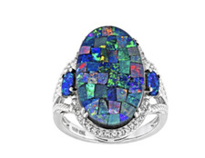 MULTI COLOR MOSAIC OPAL TRIPLET RHODIUM STERLING SILVER RING SIZE 7 picture