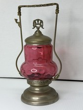 Antique Cranberry Glass CoinSpot Pattern Pickle Jar Castor with Lid Unmarked picture