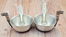 Arne Haugrud Double Open Salt Cellar Pewter Viking Dragon Ship w/ Spoons Vintage picture