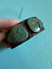 Vintage Old 40s Native Whirling Log Sterling And Crack Turquoise Bracelet picture