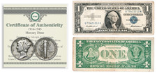 1916-1945 MERCURY SILVER DIME W COA & 1957 $1 Dollar Bill Silver Certificate USA picture