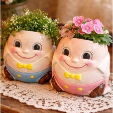 Vintage Humpty Dumpty Ceramic Planters Set of 2 Pink Blue Nursery Rhyme Kitsch picture