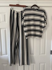 Zara Matching Knit Set Size S/M BLack Cream Striped Top Wide Leg Pants 2 Piece picture