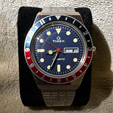 Timex Q Quartz Day/Date Pepsi Wristwatch Blue Dial Red/Blue Bezel Steel Bracelet picture