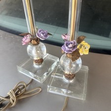 Antique Boudoir Lamps Porcelain Roses French Bronze Ormolu Etched Glass Pair picture