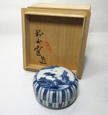 Japanese Tea Ceremony Arita Ware Blue White Landscape Round Kogo-KG232 picture