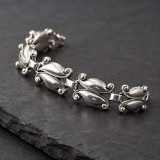 Danecraft Signed Sterling Silver Leaf Link Bracelet Vintage Mid-Century picture