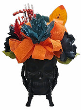 Halloween Artificial Hydrangea Flower Arrangement Black Skull Vase Orange Ribbon picture