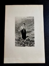 Vtg Hans Dahl Antique Etching Print Girl Knitting Norwegian Fjord 11x16 picture