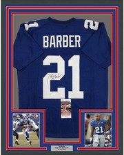 Framed Autographed/Signed Tiki Barber 35x39 New York Blue Jersey JSA COA picture