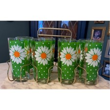 Vintage 1960s Pasinski Signed Daisy Glasses Set of 8 with Metal Caddy Crate picture