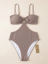 Cupshe Brown and White One piece Bathing Suit with Cut Outs Medium NWT picture
