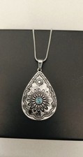 Boho Antique Silver Teardrop Pendant Necklace Turquoise Center Sunflower picture