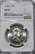 1958-D 50c Franklin Half Dollar NGC MS63 Silver US Mint 50c Coin Uncirculated picture