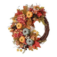 45cm Autumn Wreath with Pink Red Hydrangeas Frosted Pumpkins Maple Leaves picture