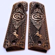 Colt 1911 custom 3D engraved walnut wood grips rampant horse logo Scroll picture