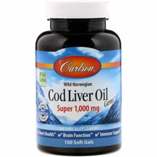 Carlson Wild Norwegian, Cod Liver Oil Gems, 1,000 mg, 100 Soft Gels picture