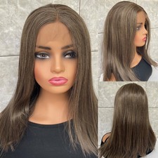 Shoulder Length Brown Mix Lace Front 100% Human Hair Blend Heat Ok Wigs Women picture