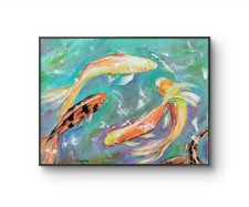 Original 9 x 12 Expressionism Colorful Koi Fish Canvas Wall Art Acrylic Painting picture