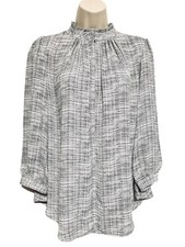 worthington blouse L light gray black polka dot long sleeve pleated ruffle neck picture