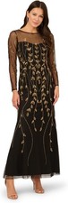 Papell Studio Black Gold Beaded Sequin Long-Sleeve Mesh Dress Size 10P $309 picture