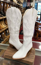 White Western Cowgirl Boots Tall Shaft Pull-On Embroidered Stitching US Size 12 picture