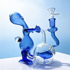 6.5'' Unique Octopus Recycler Water Pipe Blue Art Glass Hookah Bong w/14mm Bowl picture
