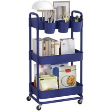 JIUYOTREE 3-Tier Plastic Rolling Storage Cart Utility Cart with Extra Hanging Cu picture
