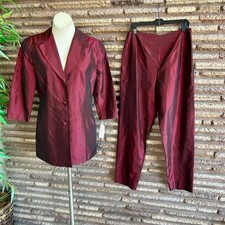 Trio Vintage Burgundy Taffeta Tunic Jacket Pants Suit NWT  Size 12 picture