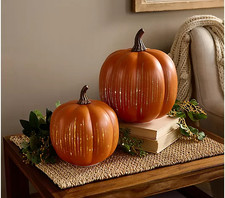 Set of 2 Illuminated Glass Pumpkins Starry Night Lighted Fall Harvest Decor picture