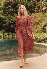 THE GREAT Medium Shoreline Coverup Floral Tan Tie-Waist Cottagecore MIDI Dress picture