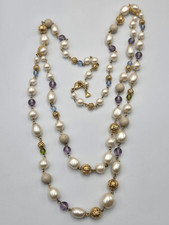 Vintage ACI Signed Faux Pearl Gold Tone Filigree Bead Long Necklace 444 picture