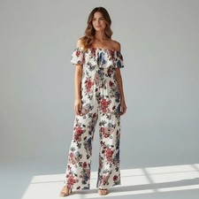 Promesa Multicolor Floral Off-Shoulder Jumpsuit SMALL Cottage  Feminine Boho NWT picture