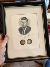 2 JFK ended 1964 Half Dollar Coins w/ Framed Printed Portrait picture