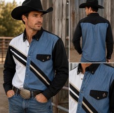 Vintage Express Rider Men’s M Western Denim Colorblock Shirt Black White Blue picture