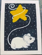 ACEO Original Mouse Mice Space Stars Miniature Painting Art Cute OneCraftyLady picture
