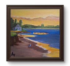 Impressionist Seascape Coast Beach House Birds Original 8x8 Panel Signed AT picture
