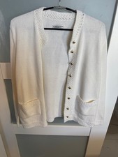 Saks Fifth Avenue White Knit Cardigan M Sweater With Pockets/Gold Buttons  32-19 picture